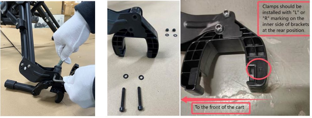 Step 1: remove the old clamp screws, then fit the new L and R clamps with the markings facing inward at the rear